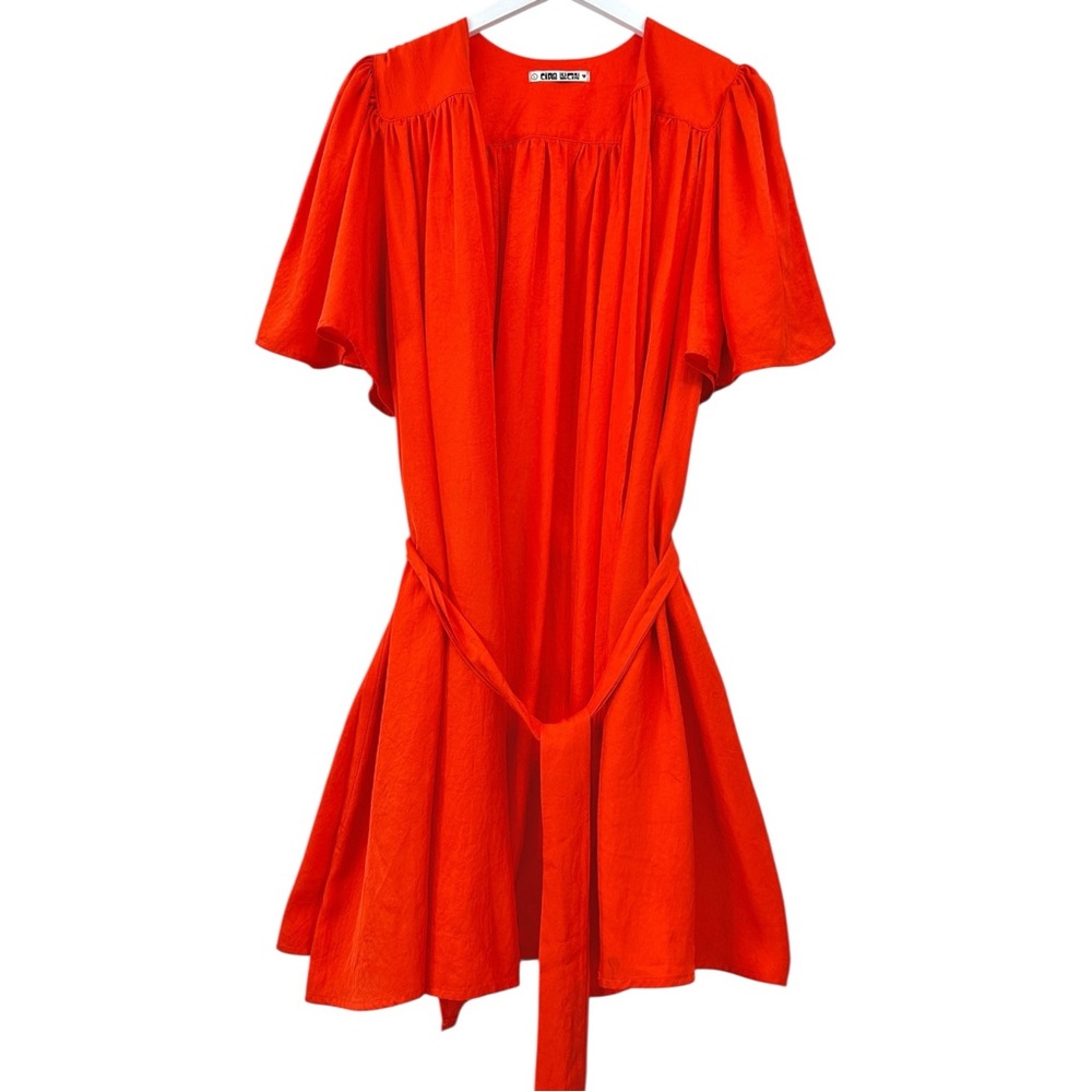 Ciao Lucia Sabrina Dress - Red Orange Bell Sleeve V-Neck Belted Mini Dress sz L - Picture 7 of 12